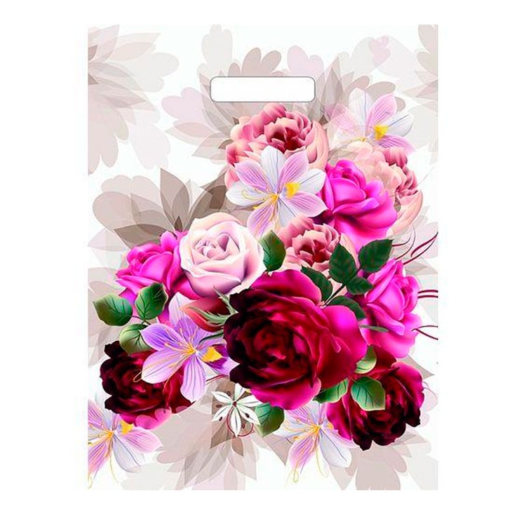 Пакет ПЭ с вырубной ручкой 31*40+6 (60) Тико глянец (Пионы на бежевом)