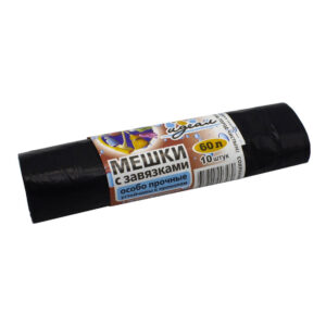 Мешки мусорные 60 л 60*70 (21) с завязкой в рулонах (по 10 шт) "Идеал" особо прочные (черные), Россия