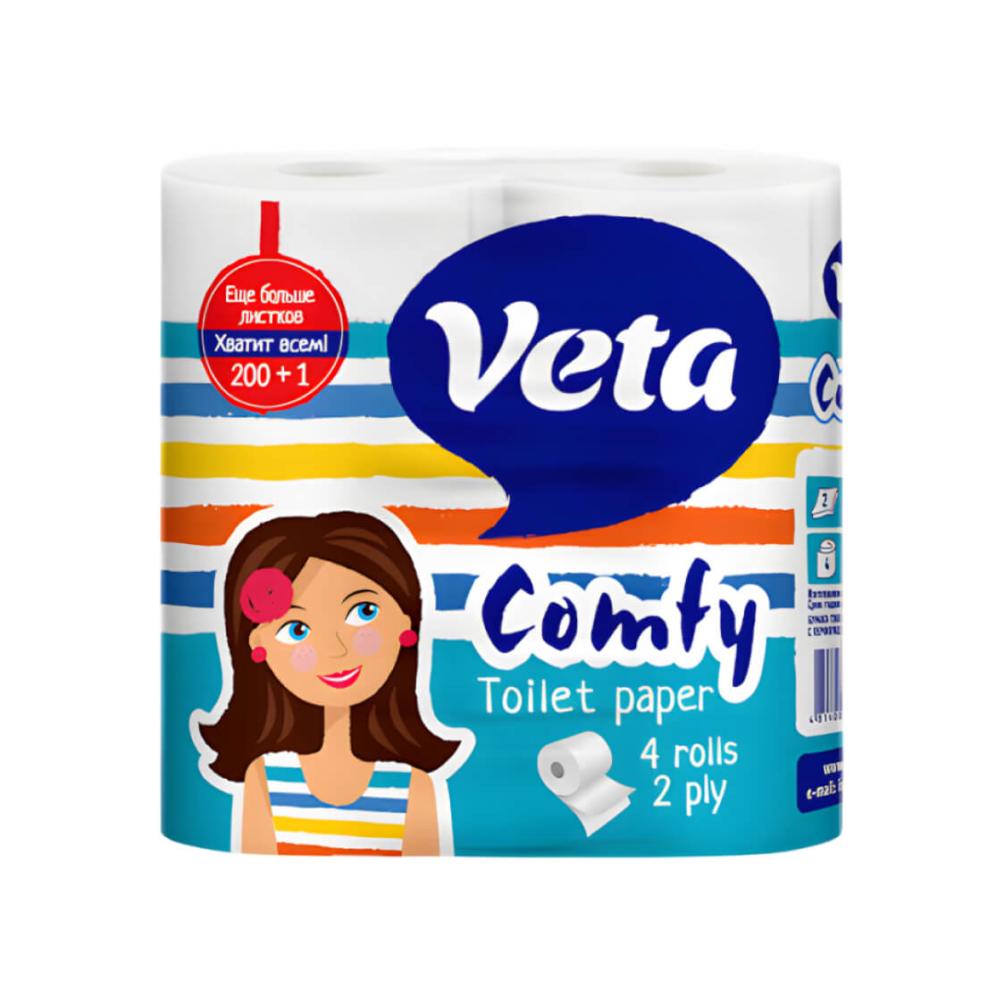 Туалетная бумага VETA COMFY белая, двухслойная, на втулке, 100% целлюлоза, 1*4 рулона