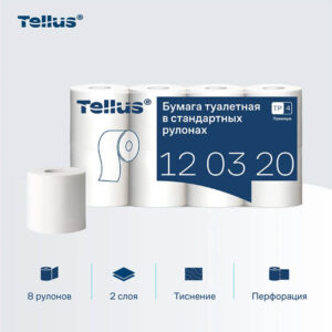 Бумага туалетная Tellus Премиум TP4, 8 рулонов, 23 м, 2 слоя